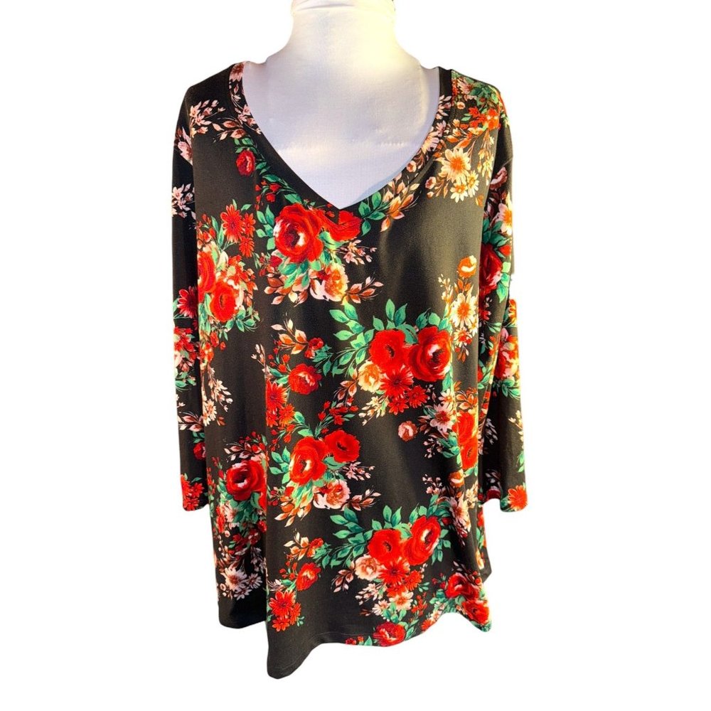 Pioneer Woman Black Tunic with Red Floral Design Women Size Medium